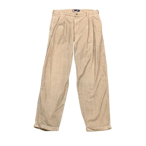 Vintage Chaps Ralph Lauren Pants Mens 36 Khaki Cotton Corduroy Pleated Cuffed - Picture 1 of 10